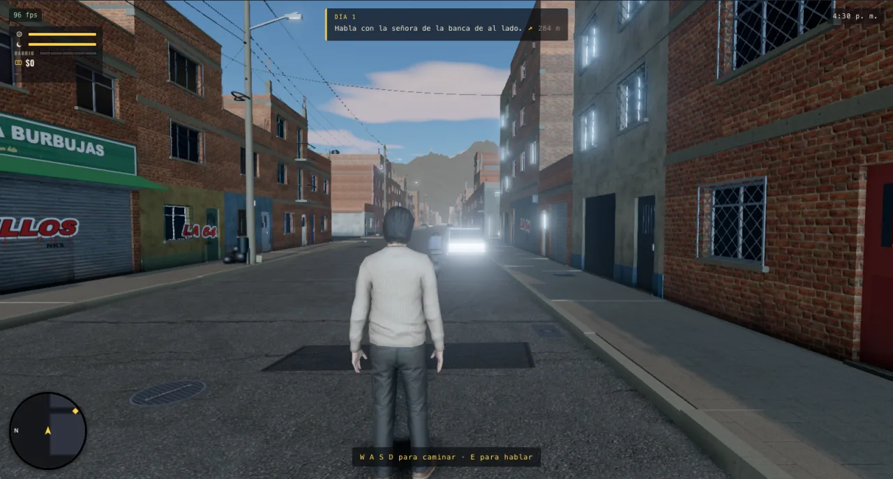 Gameplay: walking up a brick barrio street in the afternoon, a moto coming the other way
