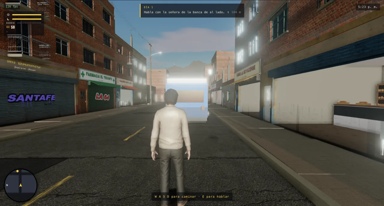Gameplay: third-person view down a barrio street, a bus pulling away ahead