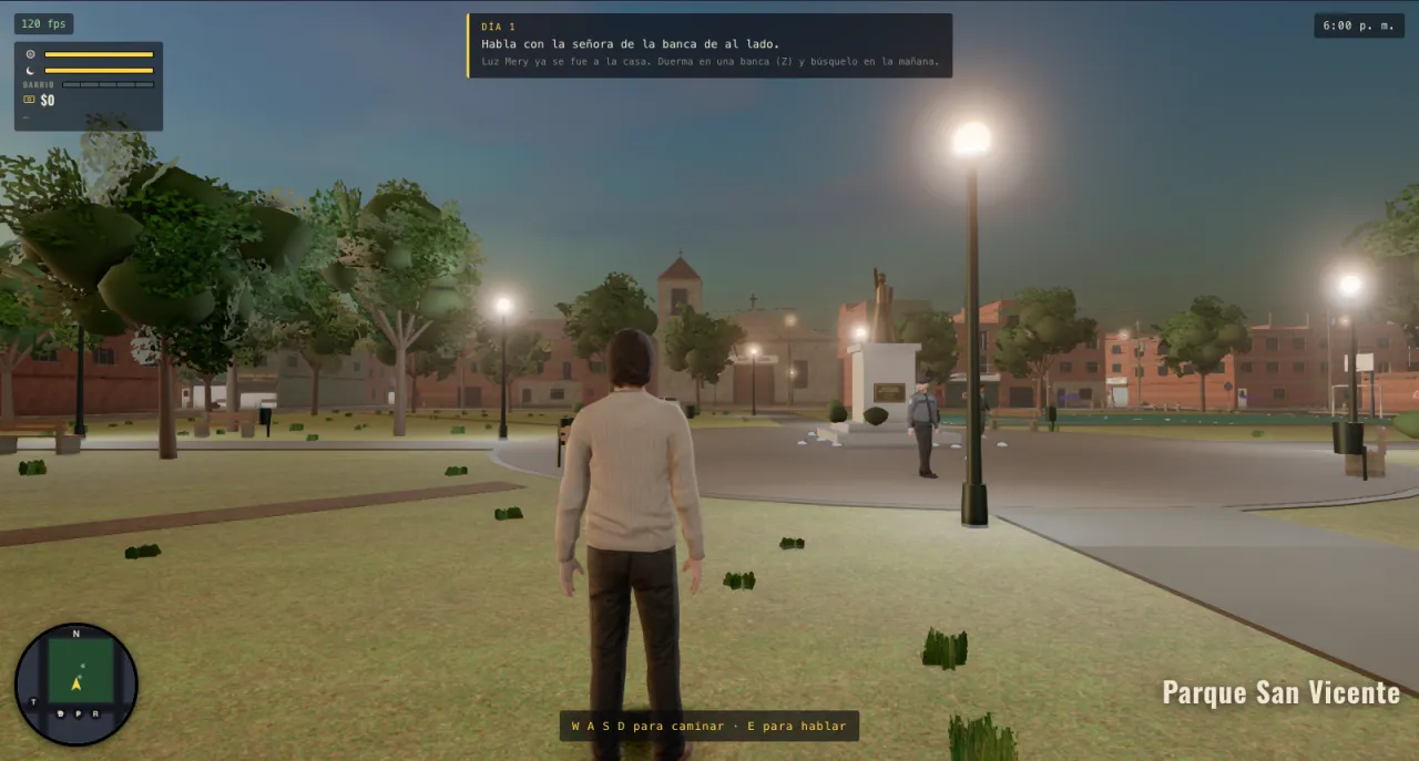 Gameplay: the barrio park at dusk, streetlights on, a neighbor by the statue